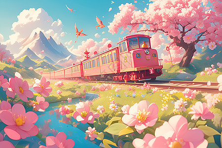 美丽粉色火车穿越粉红花海图片