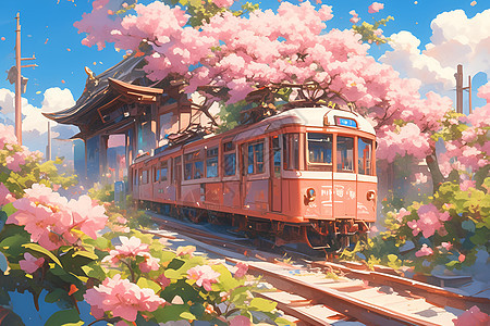 仙境中行驶的粉色列车图片