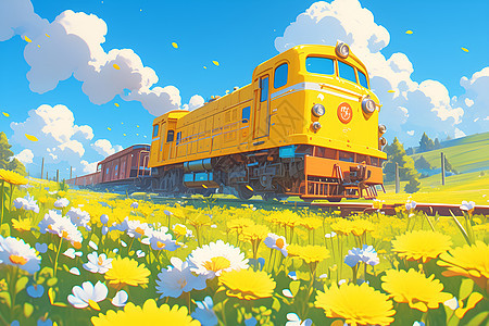 春日行驶的梦幻黄色列车图片