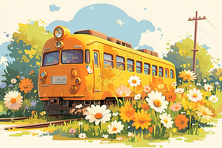 黄色火车与田野花海相伴图片