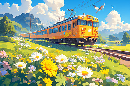 春天景色火车穿越在春日风景中插画