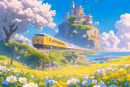 春天景色春日穿行的黄色火车插画