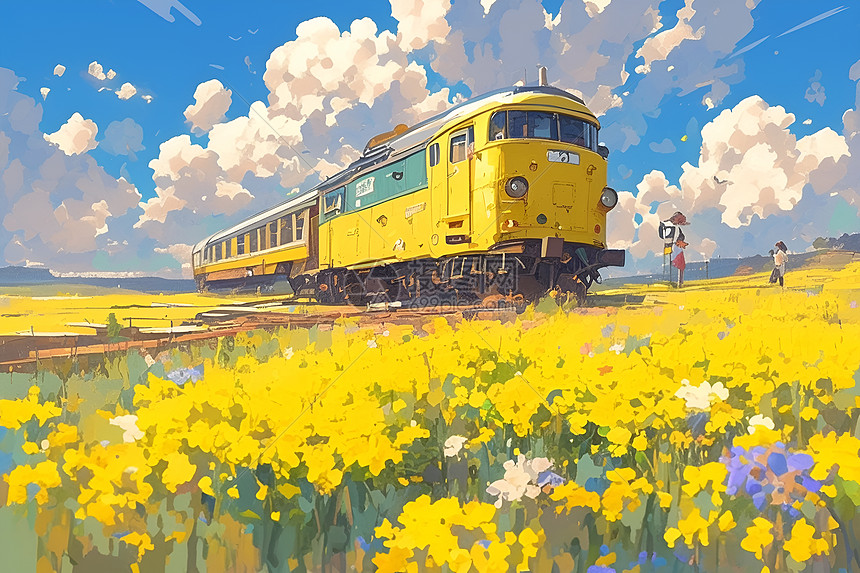 黄色列车行驶在花海图片