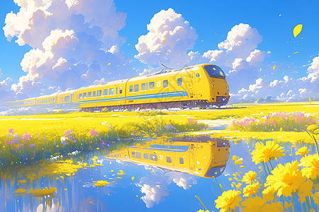 春日行驶的黄色列车图片