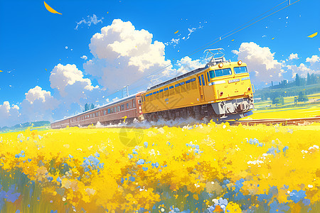 阳光黄色火车穿越油菜花田图片