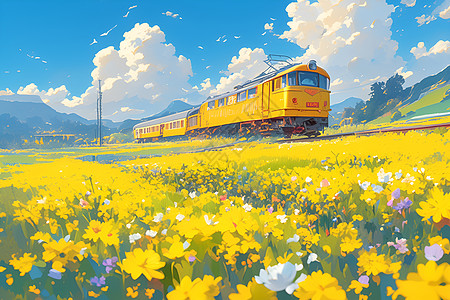 春天景色行驶在花海中的列车插画