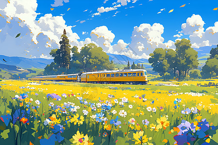 春天景色火车穿越在花海中插画