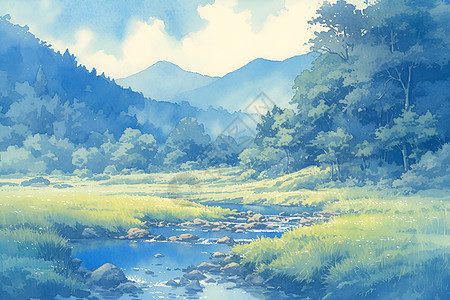 山峦潺潺溪水的画卷图片