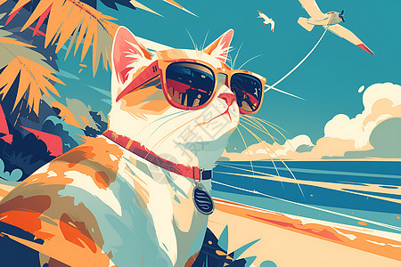 沙滩上佩戴墨镜的猫咪图片
