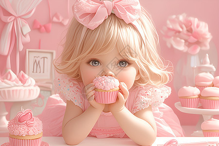 少女与粉色杯子蛋糕图片