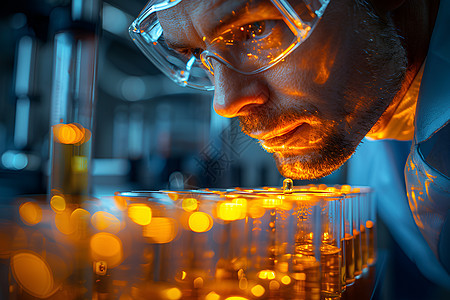科学家观察玻璃试管里的液体图片