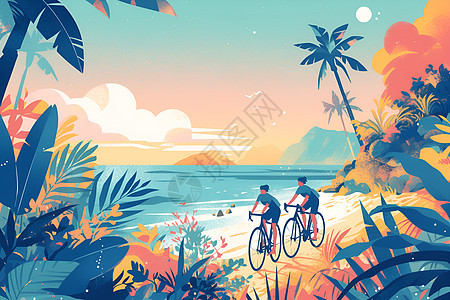日落海滩上的两位骑车人图片