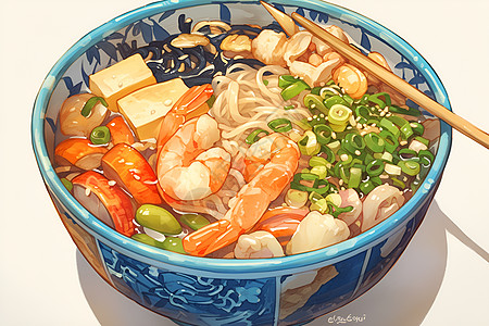 虾仁馄饨健康的海鲜面插画
