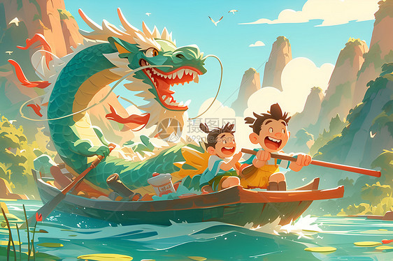 欢乐划船的孩子插画图片