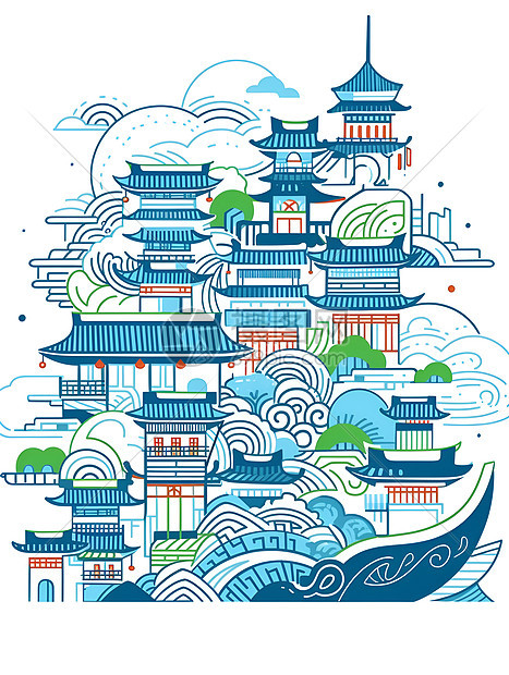 中国古建筑插画图片