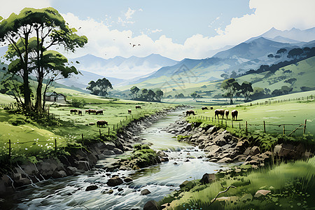 绿色田野中的牛图片