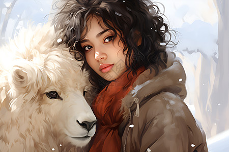 羊养殖雪地里的牧羊女孩插画