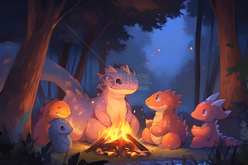 森林里烤火的卡通龙图片