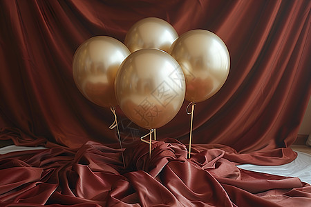 红色丝绸上的金色气球背景图片