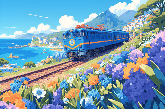 蓝色花丛中穿行的火车图片