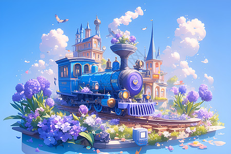 驶过花园城堡的蓝色火车图片