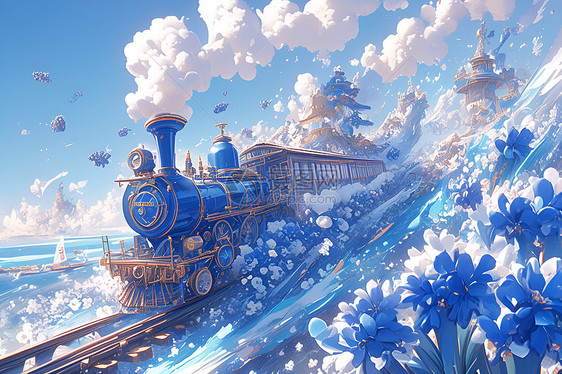 蓝色火车穿过海滩云朵图片