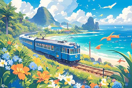蓝色火车穿行花海图片