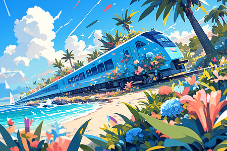 火车穿过沙滩花海图片