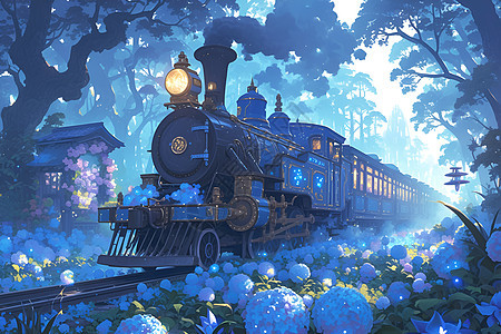 蓝色火车穿过蓝色花海图片