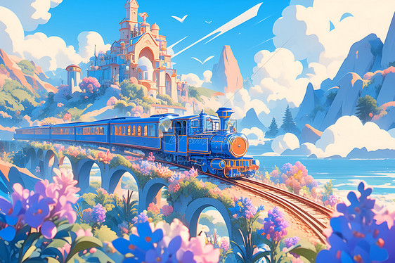 穿过城堡花田的火车图片