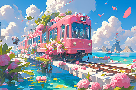 驶过海面的粉色火车图片