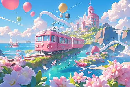 海面上穿行的粉色火车图片