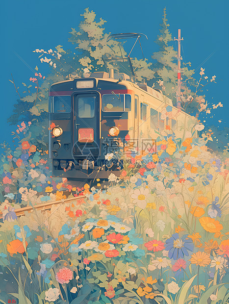 花海中旅行的火车图片