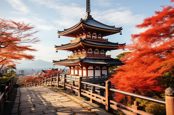 红叶下的日本寺庙图片