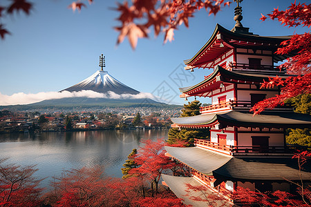 富士山与白天鹅红叶与寺庙背景