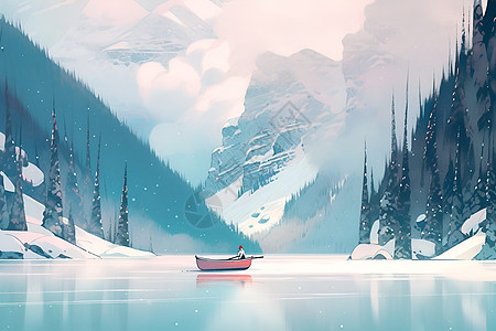 冬日湖中的小船图片
