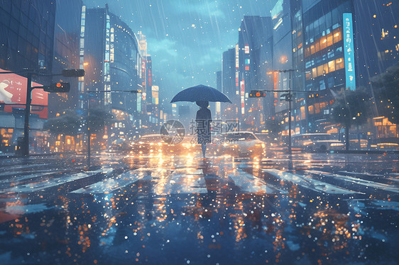 夜雨城市中的行人图片