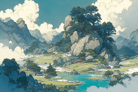 古风山水风景插画图片