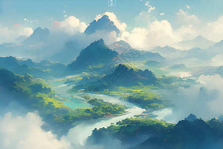 云雾缭绕的山水风景图片