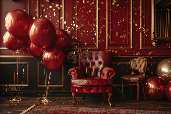 红色沙发和气球图片