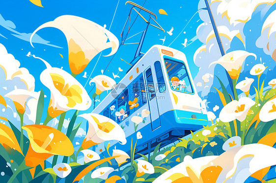 火车穿过花海的插画图片