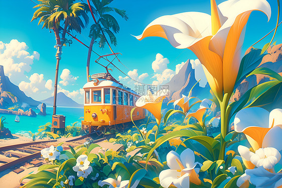 海滩上的火车花园图片
