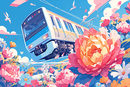 花海中穿行的火车背景图片