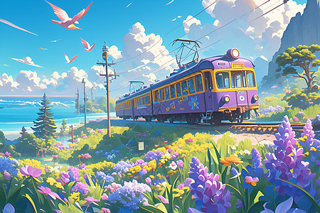 紫色火车穿过丰饶乡野背景图片
