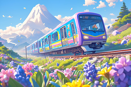 紫色火车穿行在花海中图片