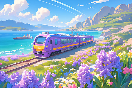 紫色列车穿越花海背景图片