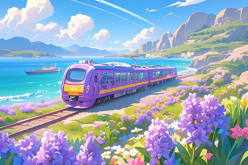 紫色列车穿越花海图片