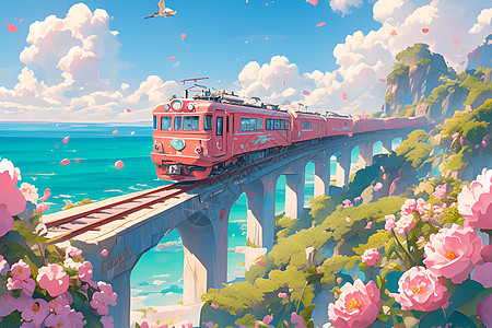 粉色小火车驶过花桥图片