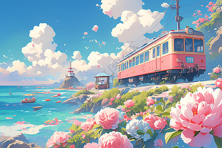 粉色列车在海边行驶图片