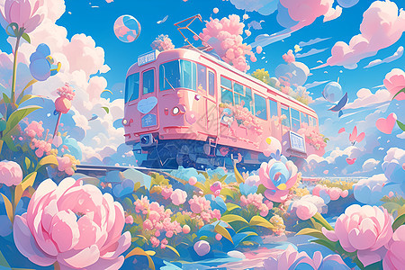 粉色列车穿越牡丹花海背景图片